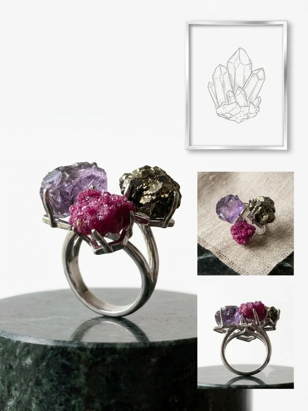 Stainless Steel Statement Raw Gemstone Cluster Ring